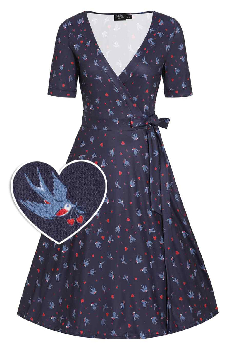 Front view of Navy Blue Heart & Swallow Wrap Dress