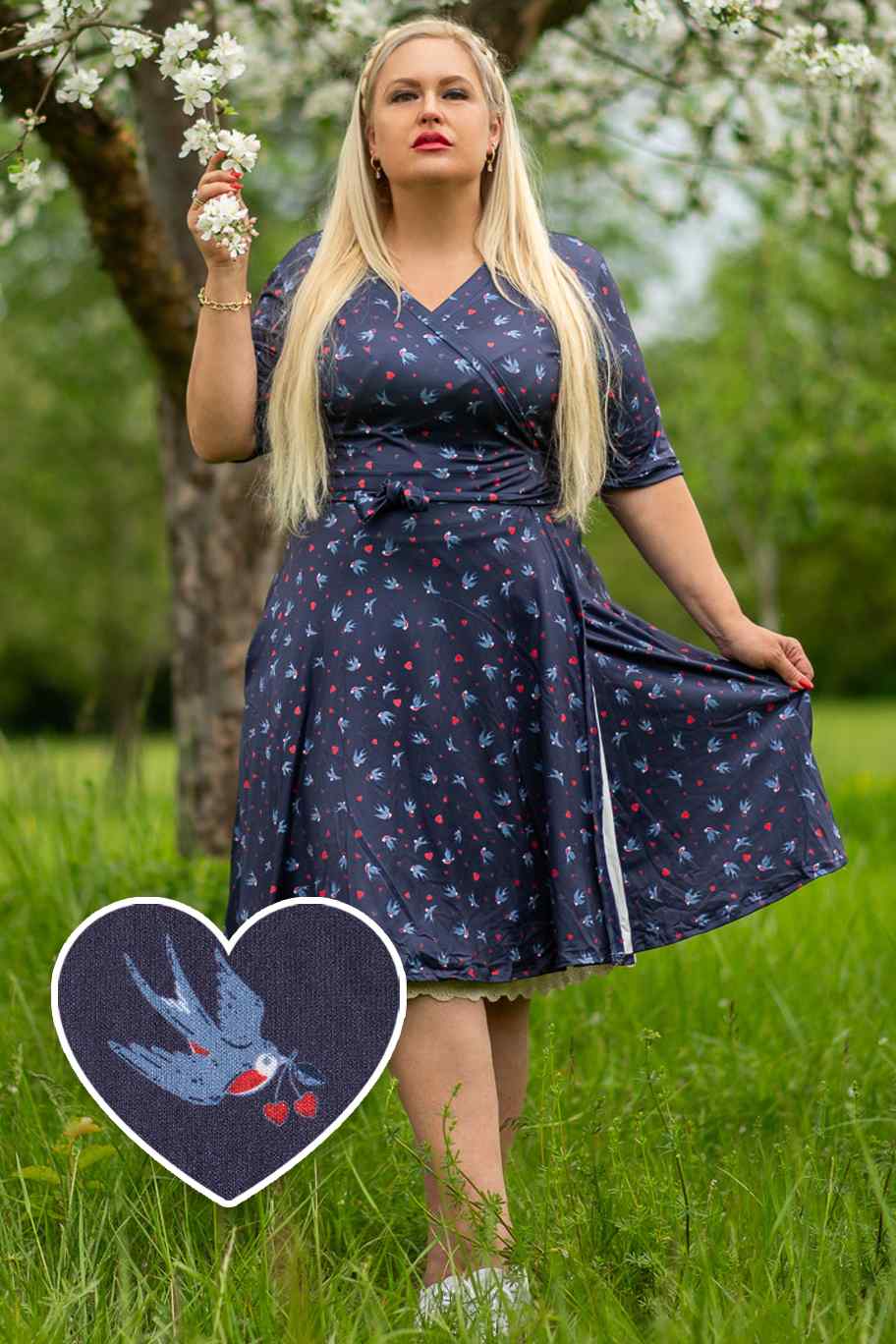 Matilda Navy Blue Heart Swallow Wrap Dress 8