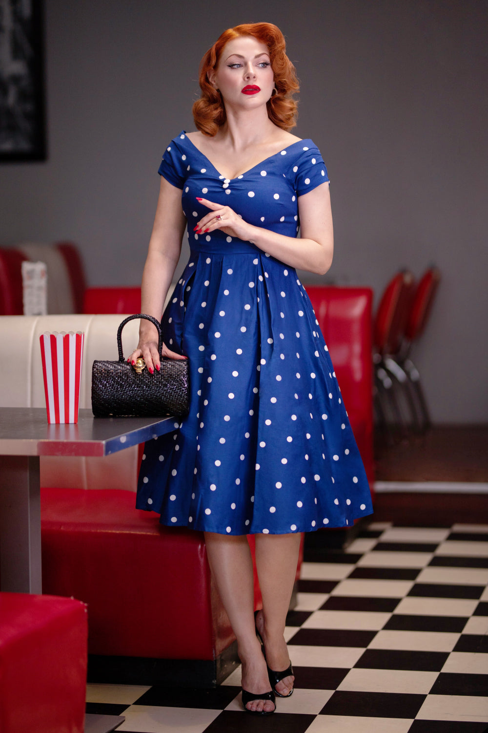 Lily 50s Style Circle Dress in Navy Blue Polka Dots