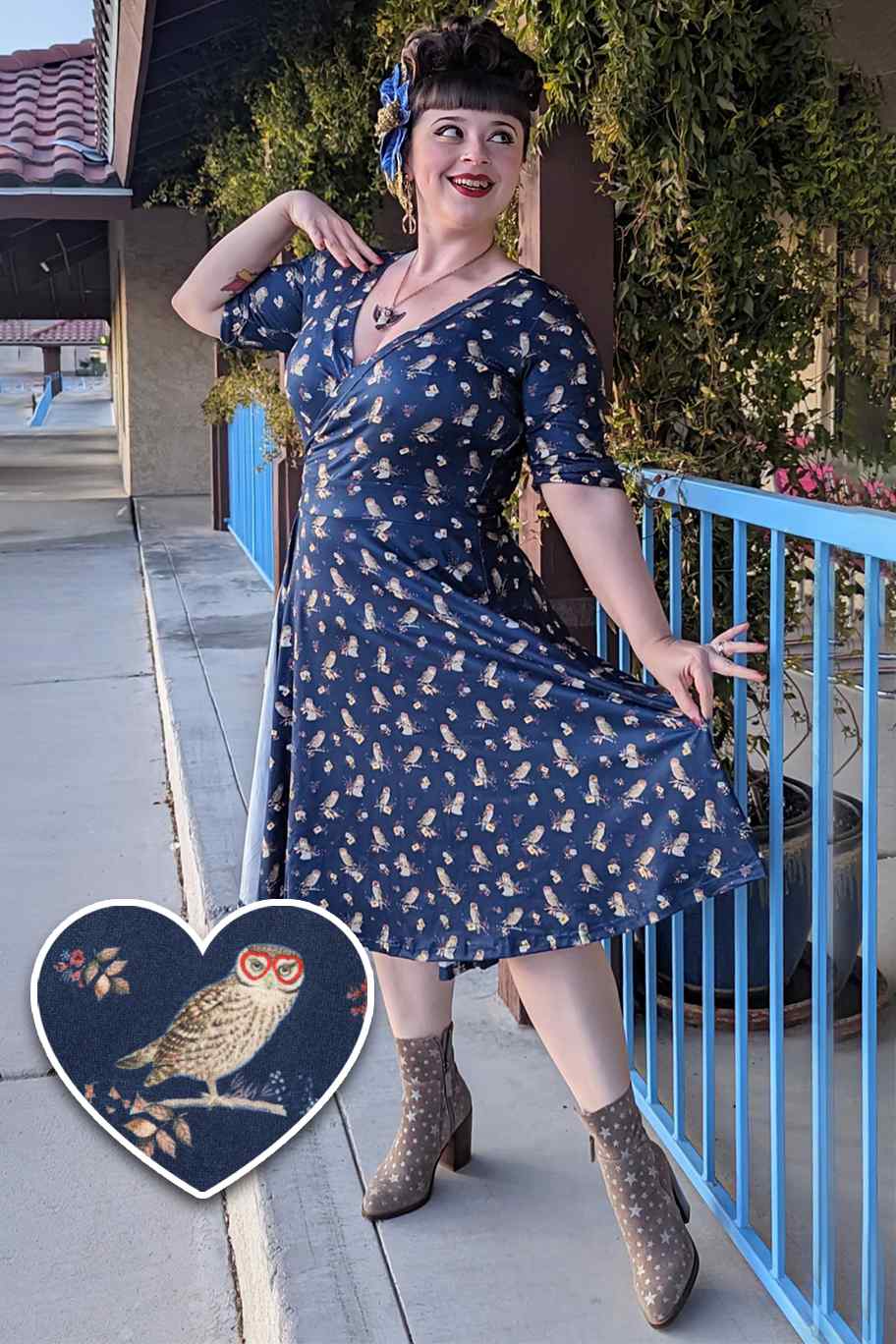 Customer wears our short sleeved wrap dress, in navy blue owl print