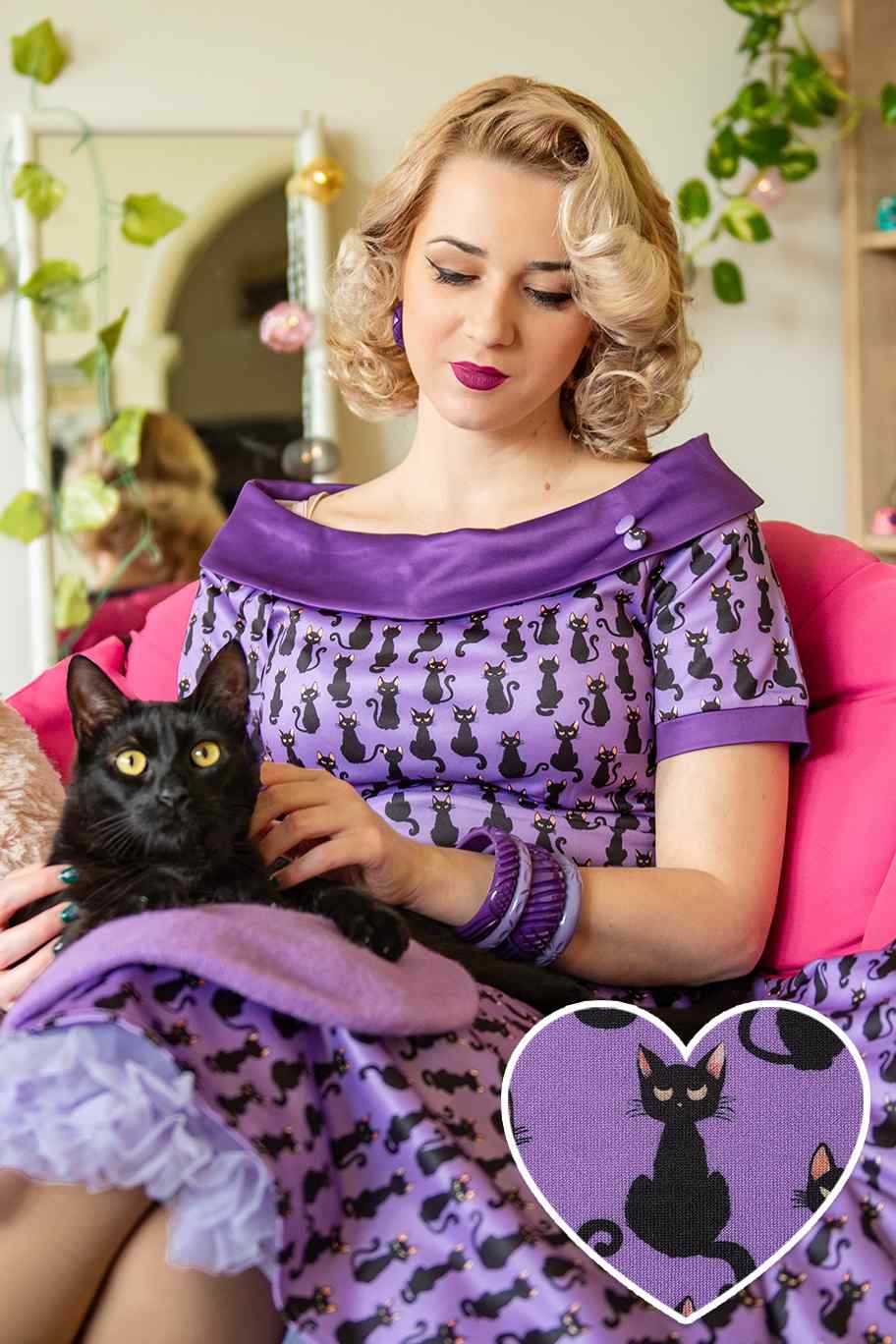 Darlene Purple Black Cat Swing Dress Darlene Purple Black Cat Swing Dress