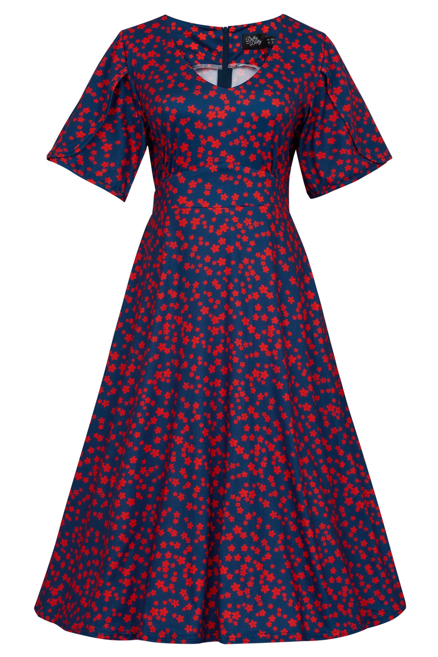 Sleeved Tea Dress in Navy Blue Ditsy Floral Print