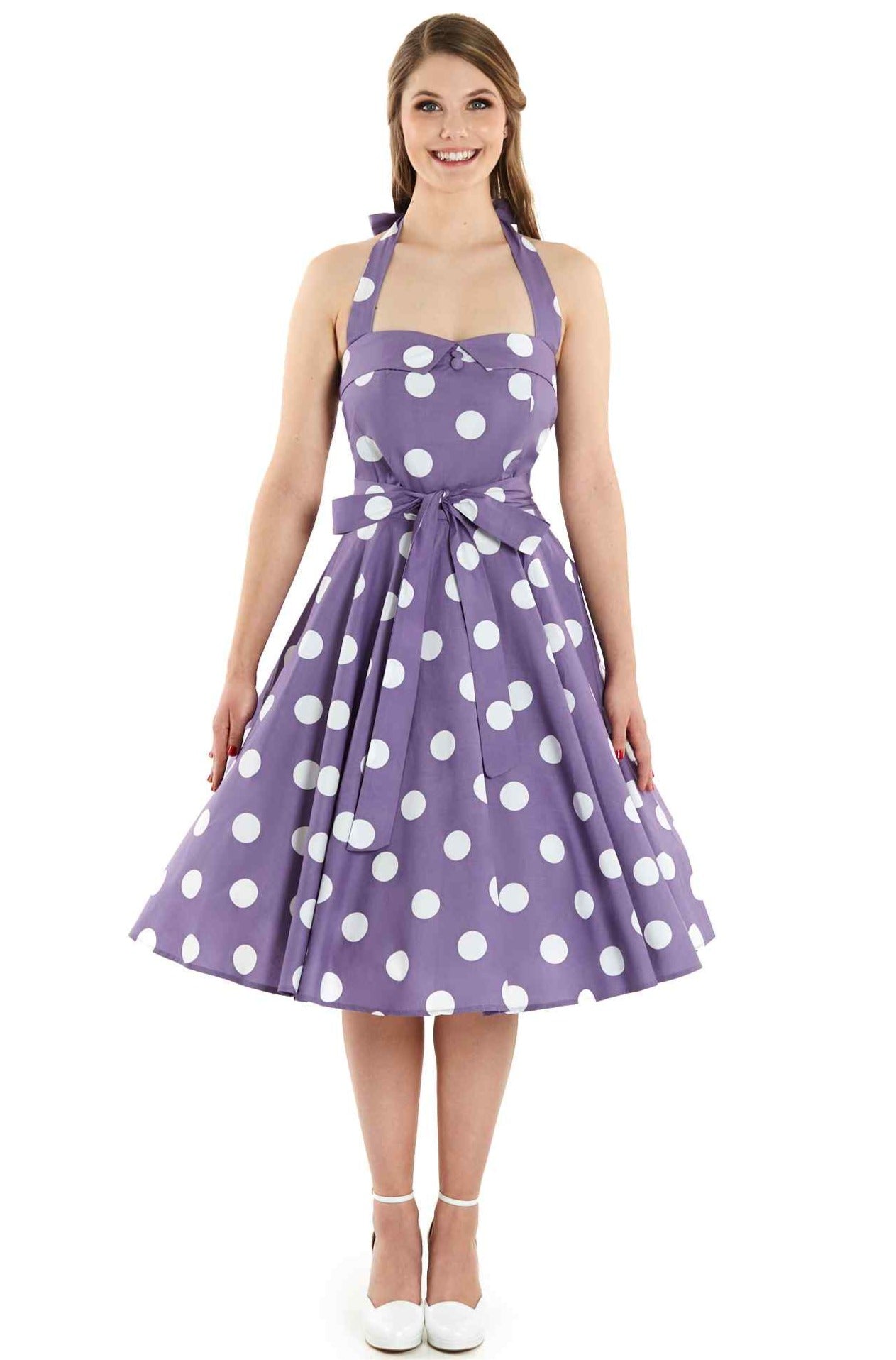 Sophie Rockabilly 1950 s Halterneck Dress in Purple Polka Dots 8
