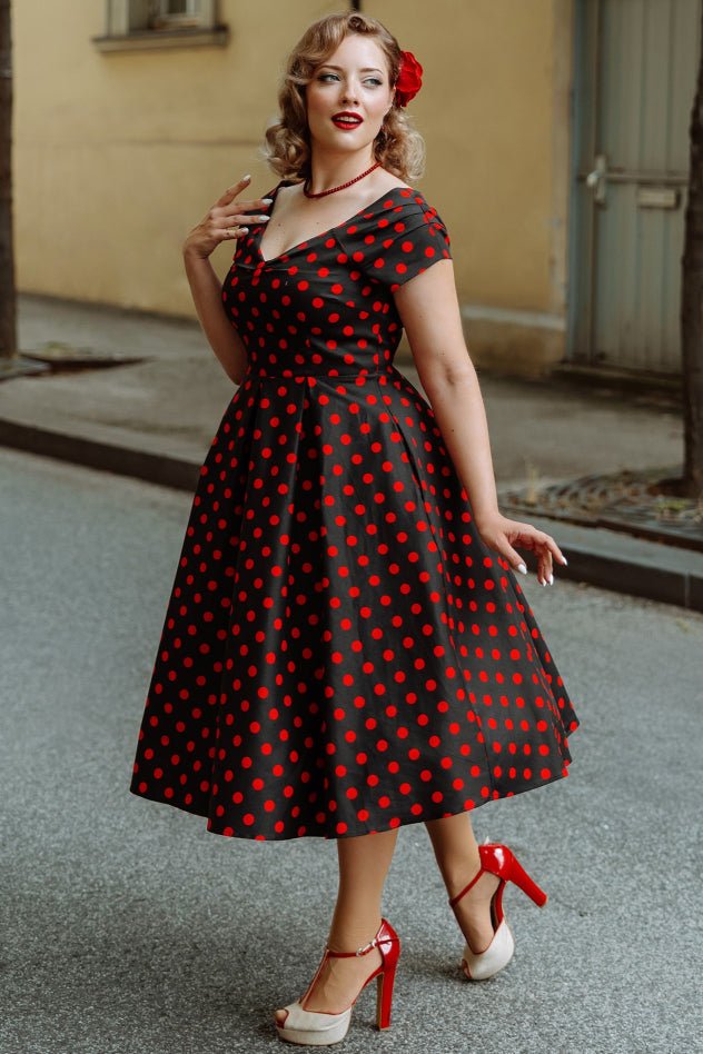 Lily Rockabilly Sleeve Swing Dress In Black/Red Polka Dot Print Lily Rockabilly Sleeve Swing Dress In Black/Red Polka Dot Print