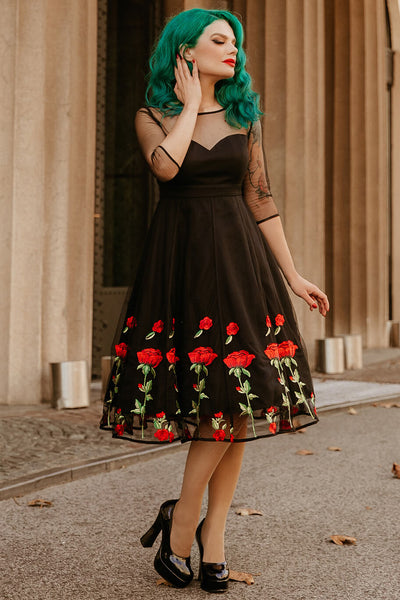 ruby black mesh dress with red rose embroidery