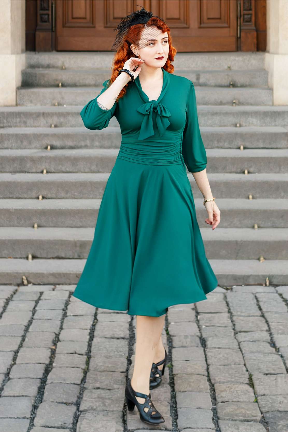 Bow Tie Casual Dress In Emerald Green