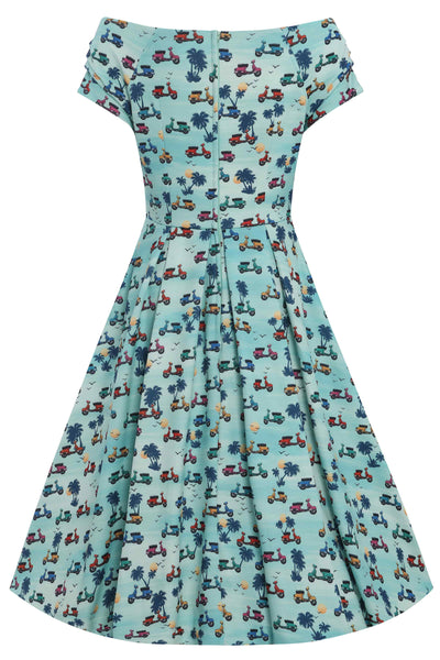 Back View of Scooter Print Off Shoulder Dress in Turquoise Blue