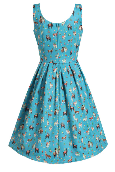 Back view of our sleeveless Amanda swing dress, in turquoise llama cactus print