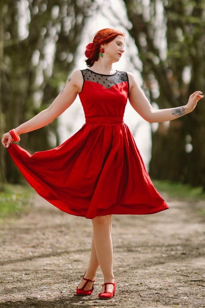 Vintage Style Swing Party Dress in Red- Black