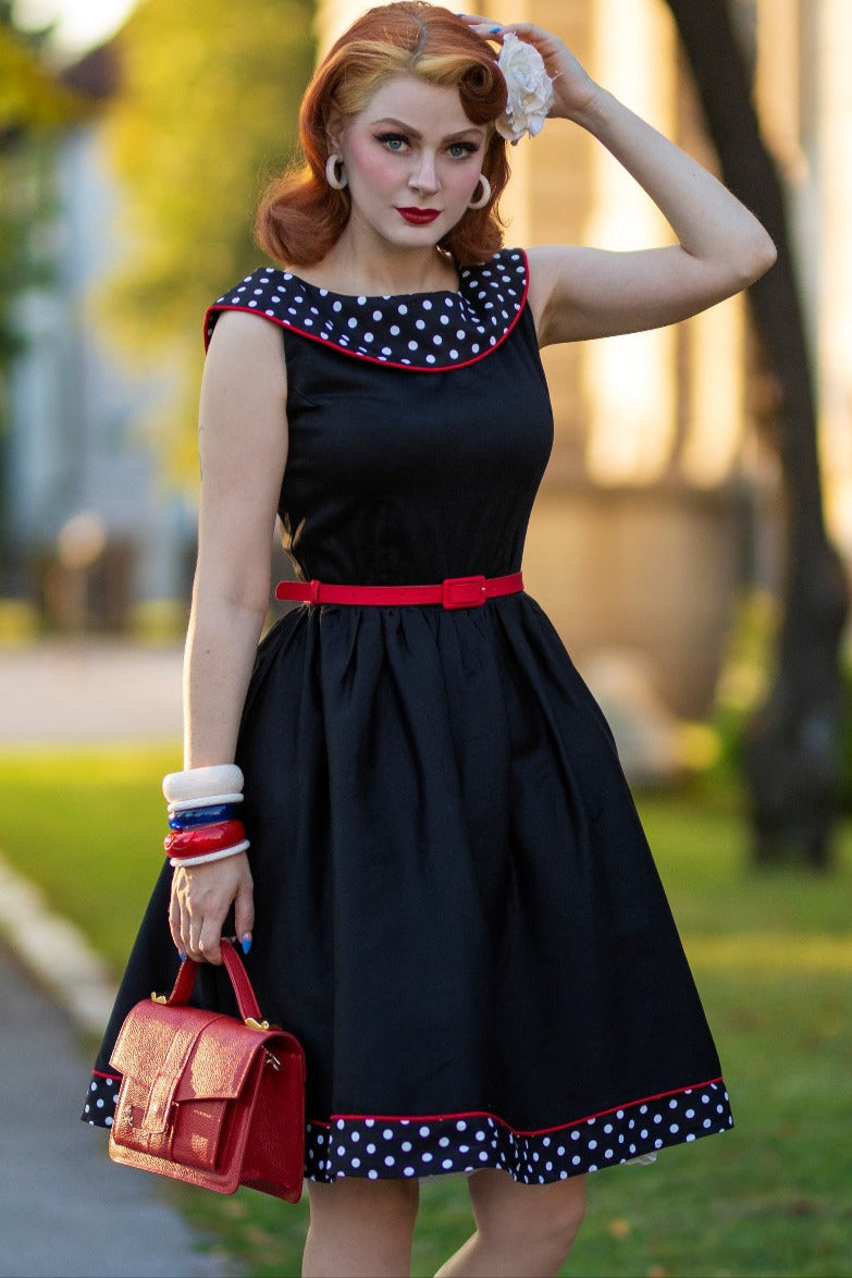 Women's Retro Dress in Black Polka and Red Piping Women's Retro Dress in Black Polka and Red Piping