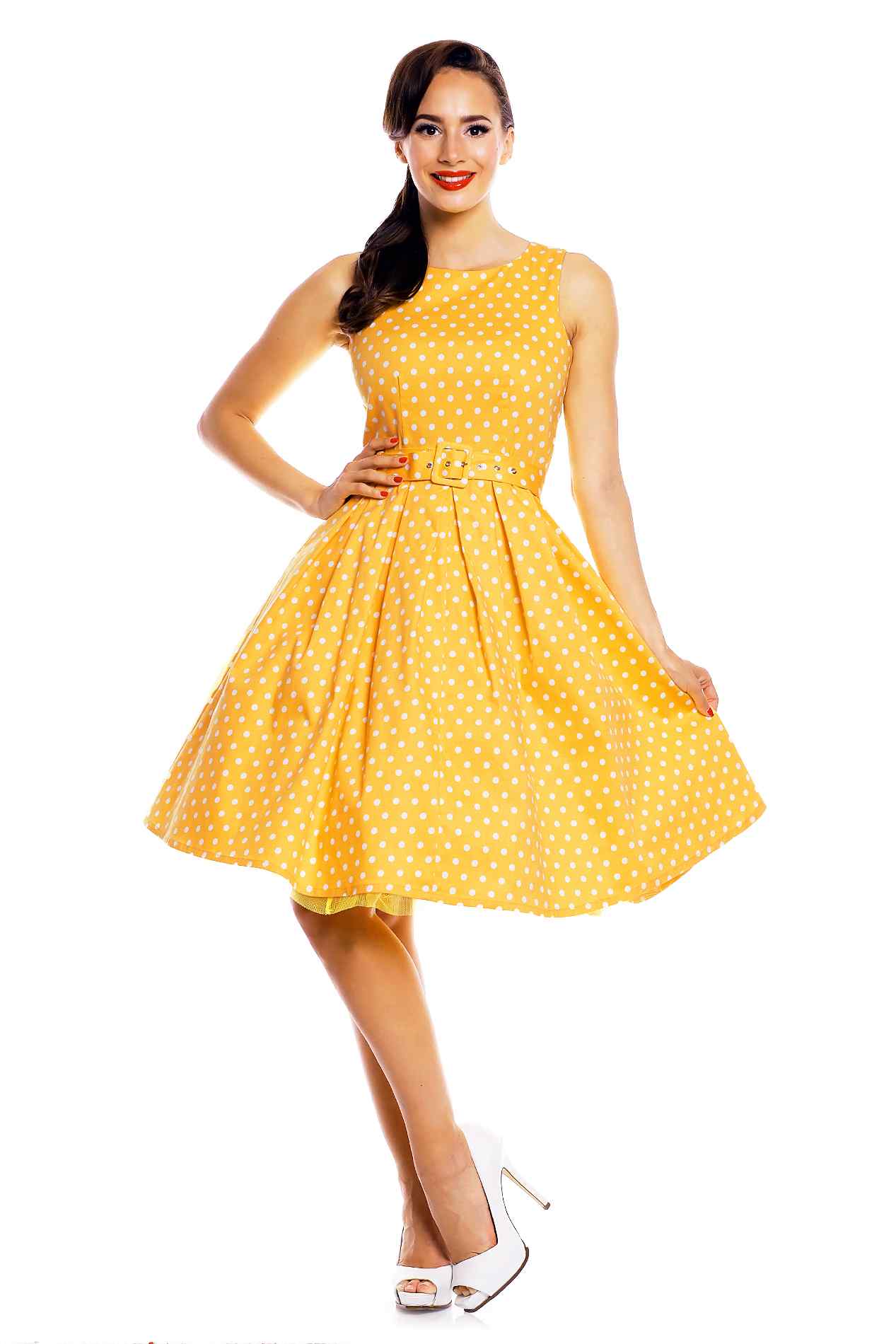 Lola Yellow Polka Dot Flared Dress In Cotton