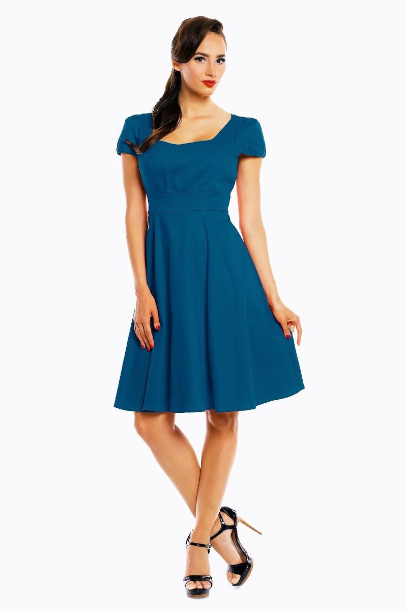 Claudia Flirty Fifties Style Dress in Peacock Blue