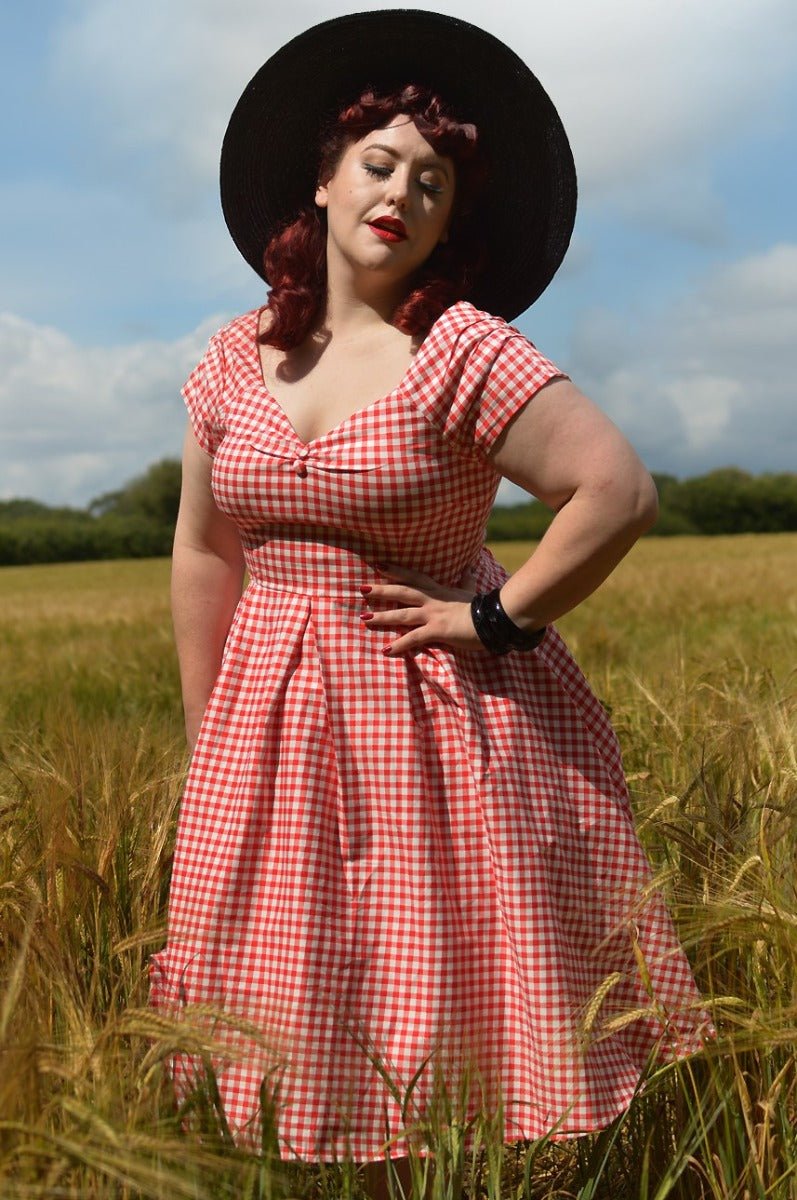 Red white check shop dress