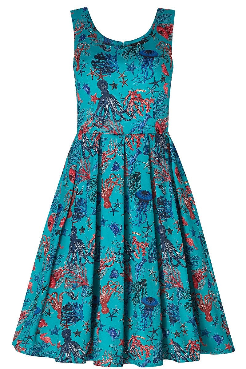 strapless open back dress Amanda Aquarium Sea Life Print Flared Dress in Blue/Red