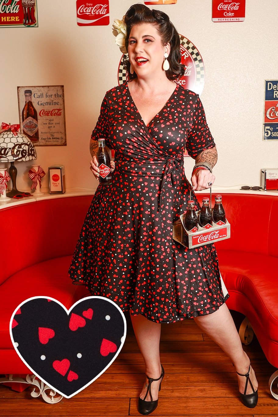 Matilda Casual Wrap Dress in Black/Red Heart Print