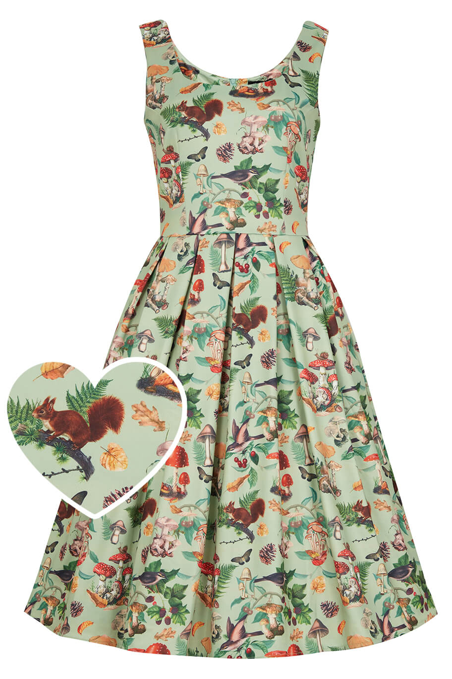 Green Woodland Print Vintage Swing Dress front view