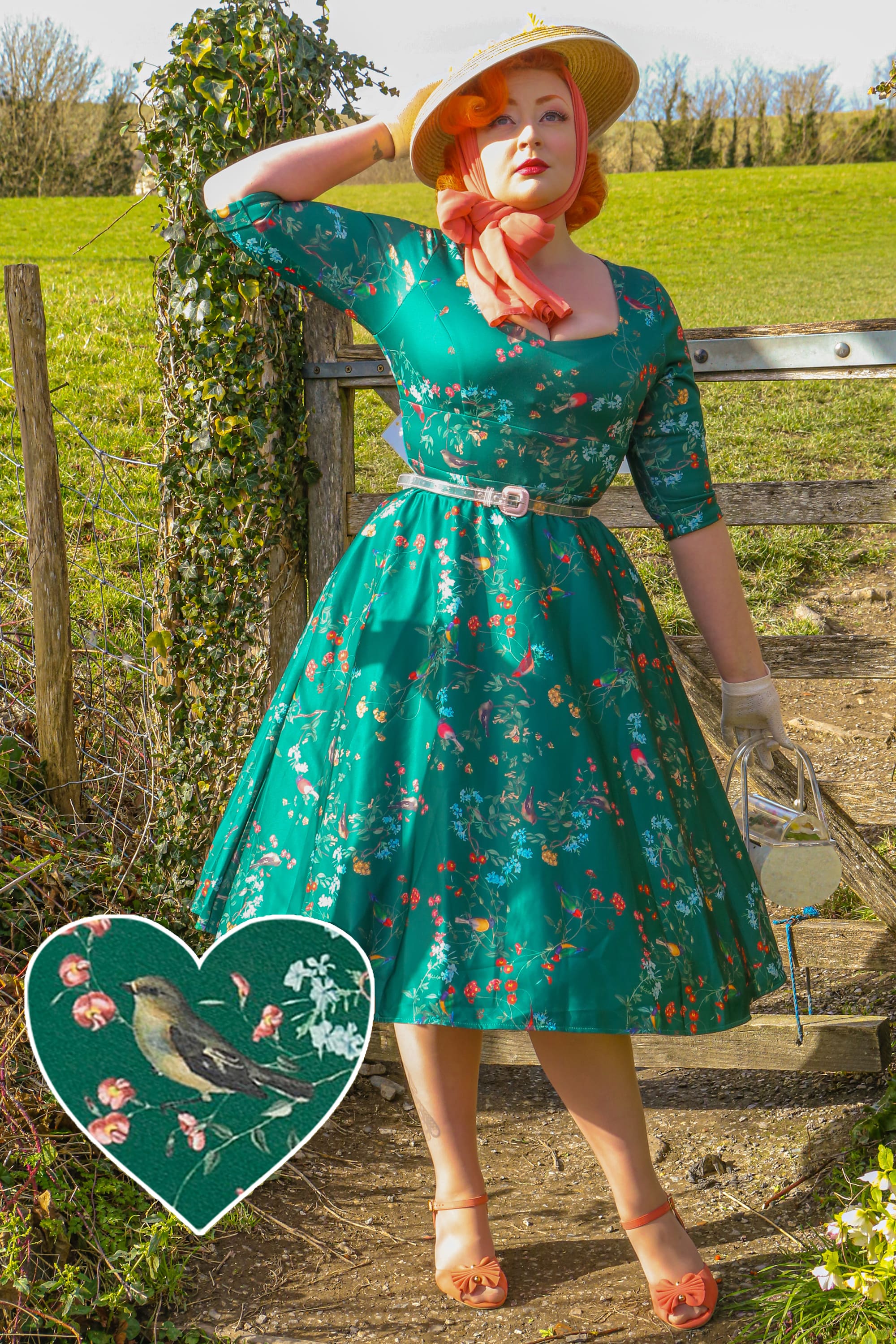 Scarlette Long Sleeved Midi Dress in Green Bird Print