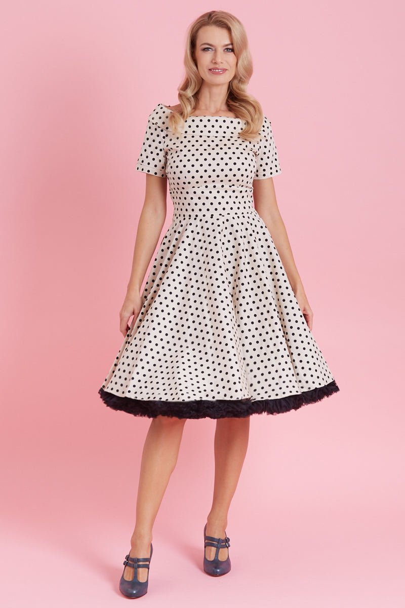 Retro Polka Dot Off Shoulder Swing Dress in Beige
