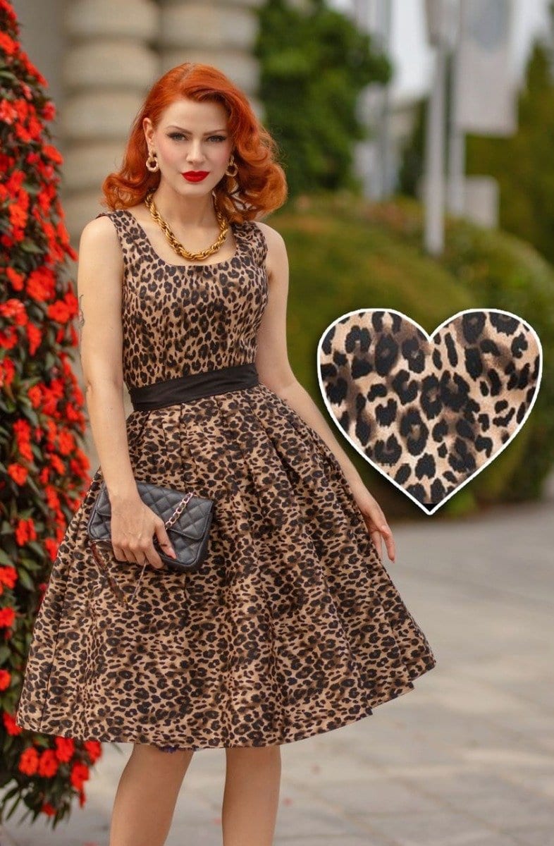 Amanda Retro Swing Dress in Brown Leopard Animal Print Amanda Retro Swing Dress in Brown Leopard Animal Print