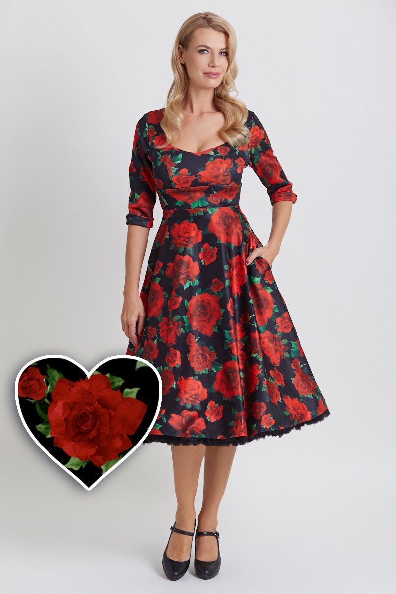 Scarlette Black/Red Rose Long Sleeved Midi Dress
