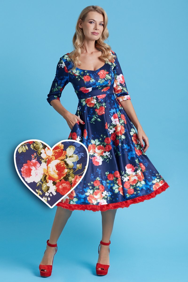 Scarlette Long Sleeved Navy Blue Floral Midi Dress