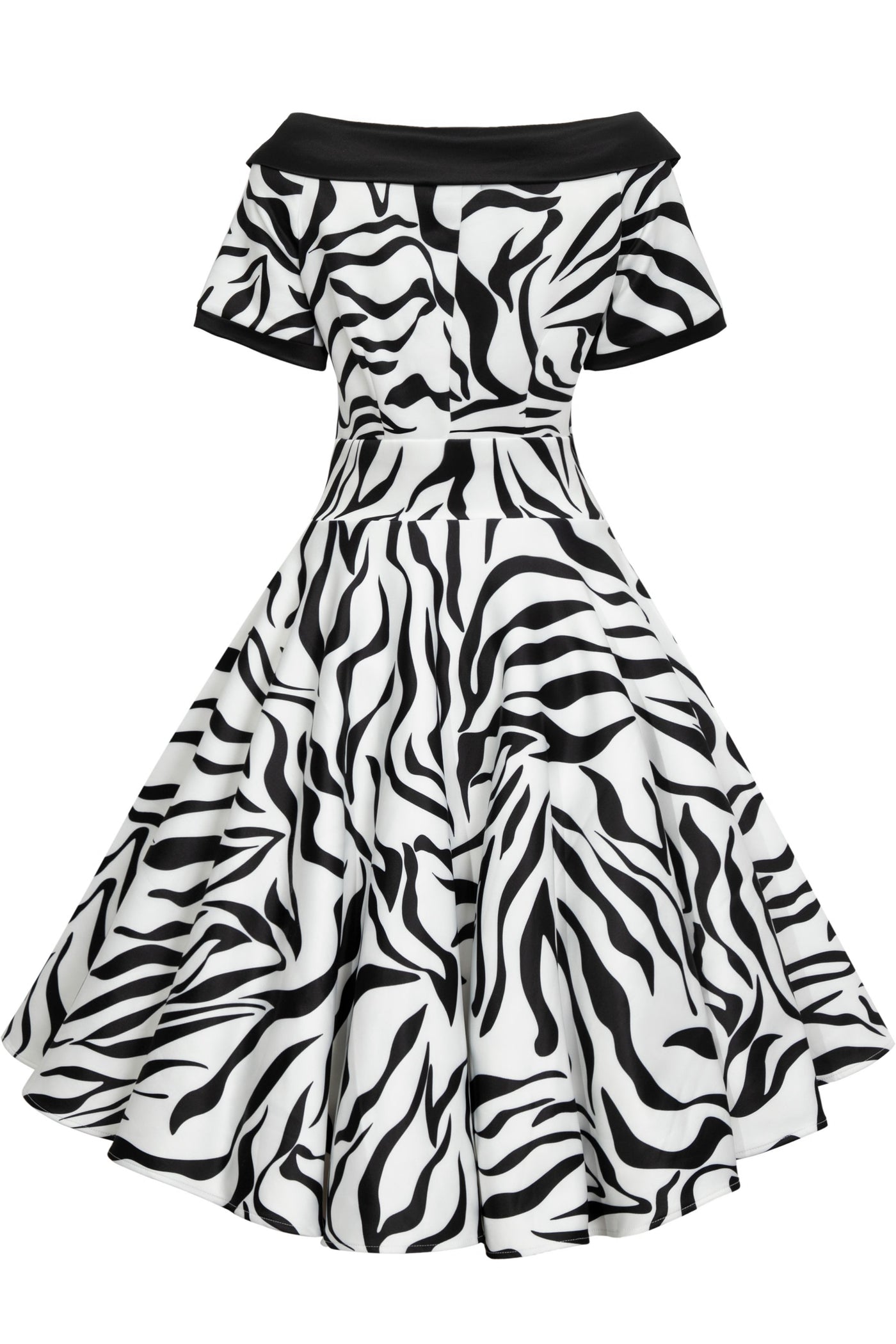 Short sleeved flared dress, in white and black zebra print, with a black petticoat, back view