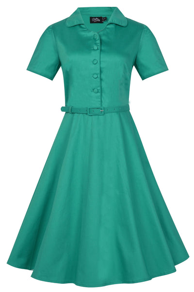 Short sleeved button top dress, with belt, in dark green, front view