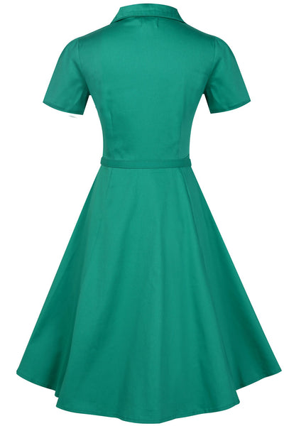 Short sleeved button top dress, with belt, in dark green, back view