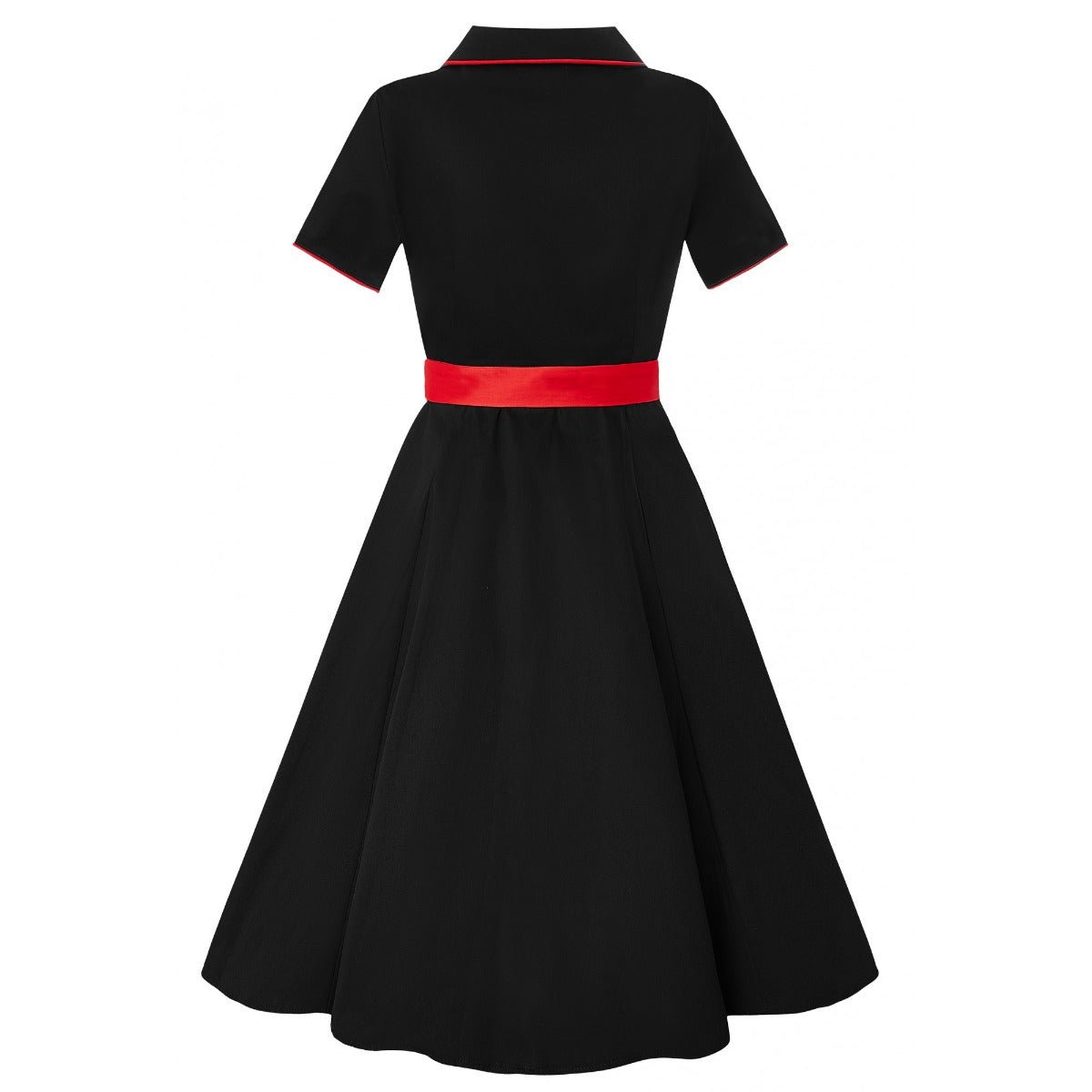 Short sleeved Sherry diner dress in black, with red buttons, belt and roses, back  view