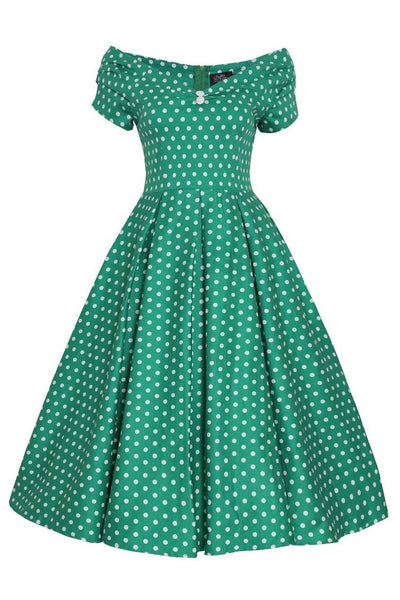 Short sleeved, flared dress, in green/white polka dot print, front view