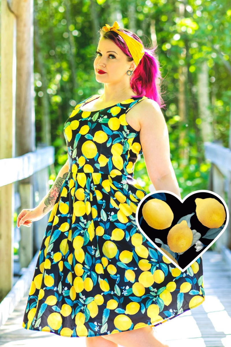 Amanda Vintage Flared Dress in Black Yellow Lemon Print 8