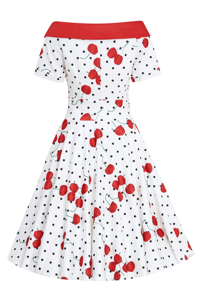 Woman's Rockabilly Cherry & Polka Dot Swing Dress in White