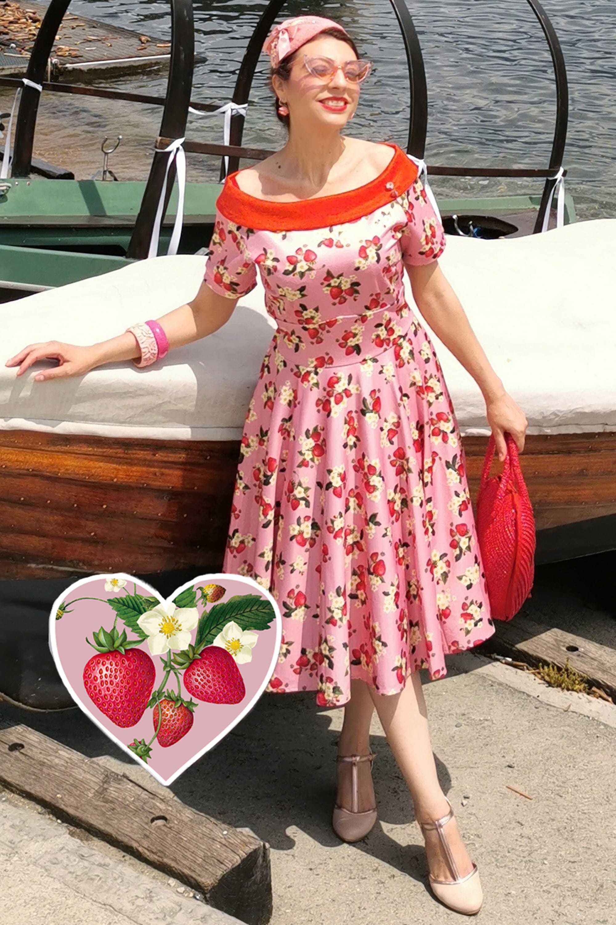 Darlene Pink Strawberry Floral 50's Flared Dress - Dolly and