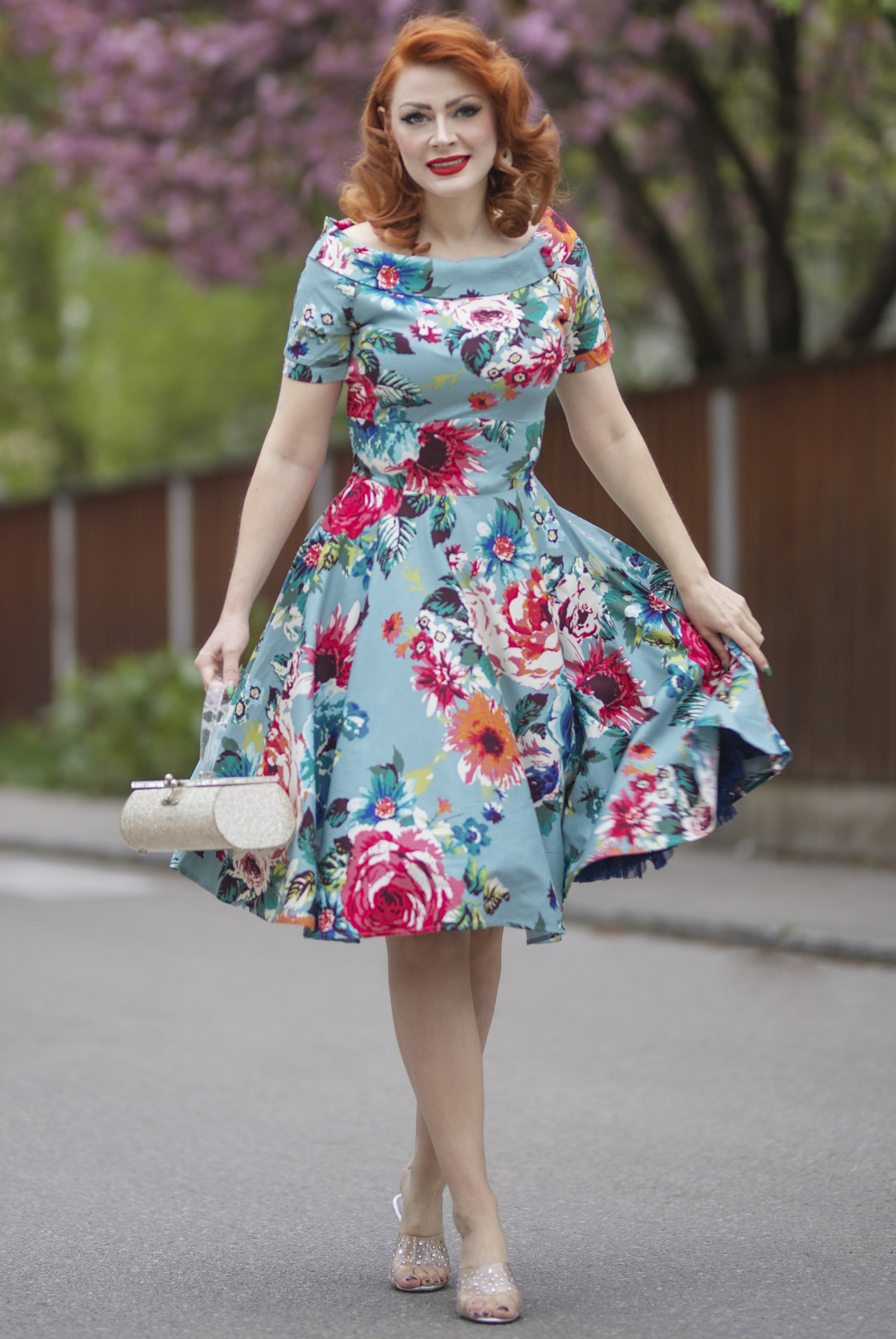 Darlene Blue Floral 1950s Collar Swing Dress Dolly and Dotty