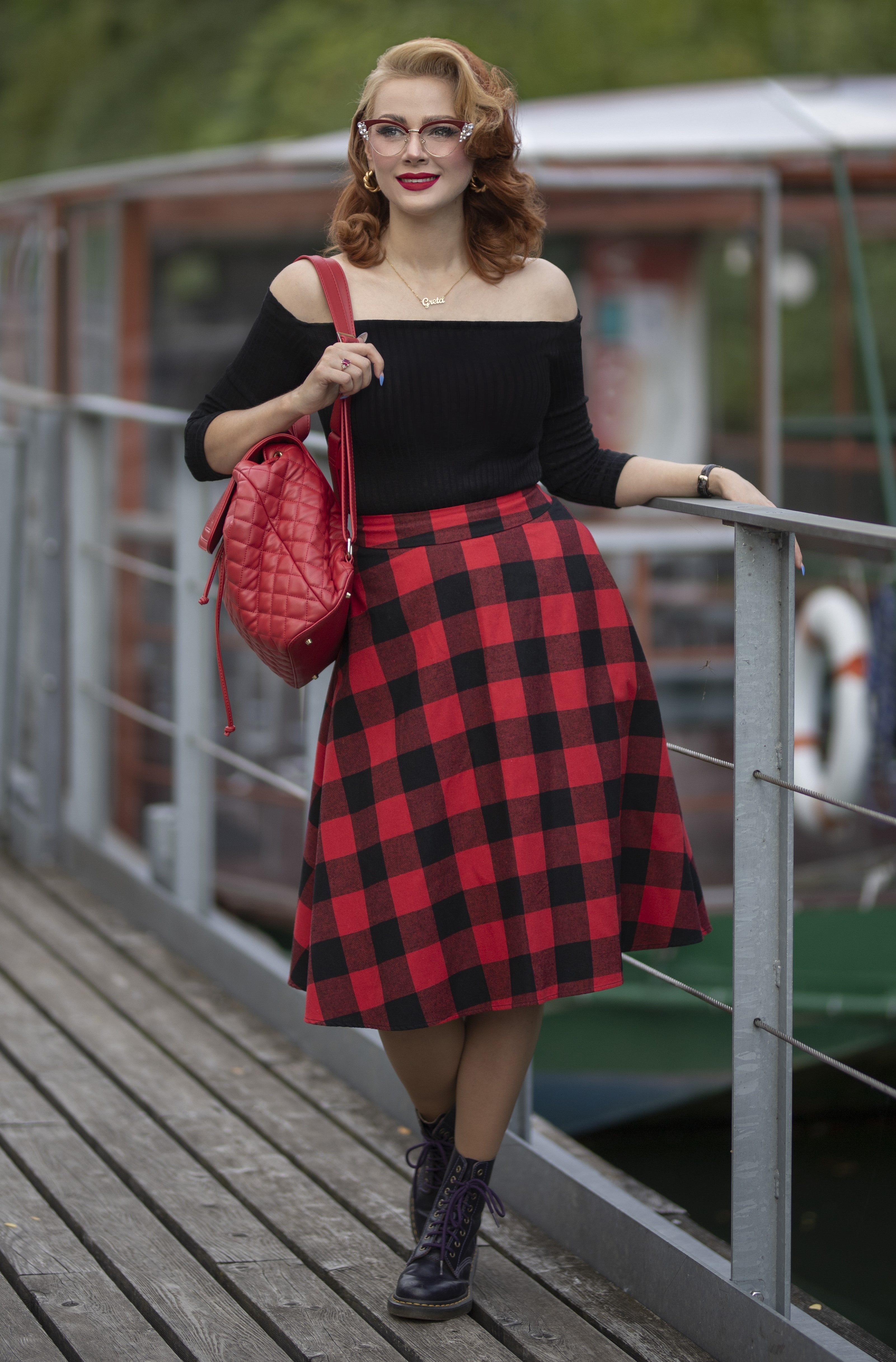 Women's Red Tartan Swing Skirt - Main Image
