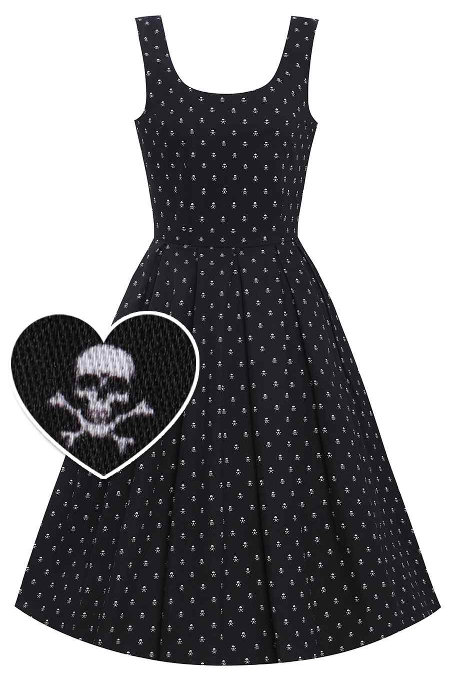 Front view of black skull print vintage style swing dress