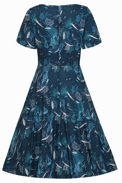 Back View view of blue whale print sleeved swing dress in blue