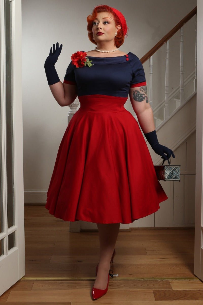 Retro Full Circle Swing Dress in Navy Blue/Red