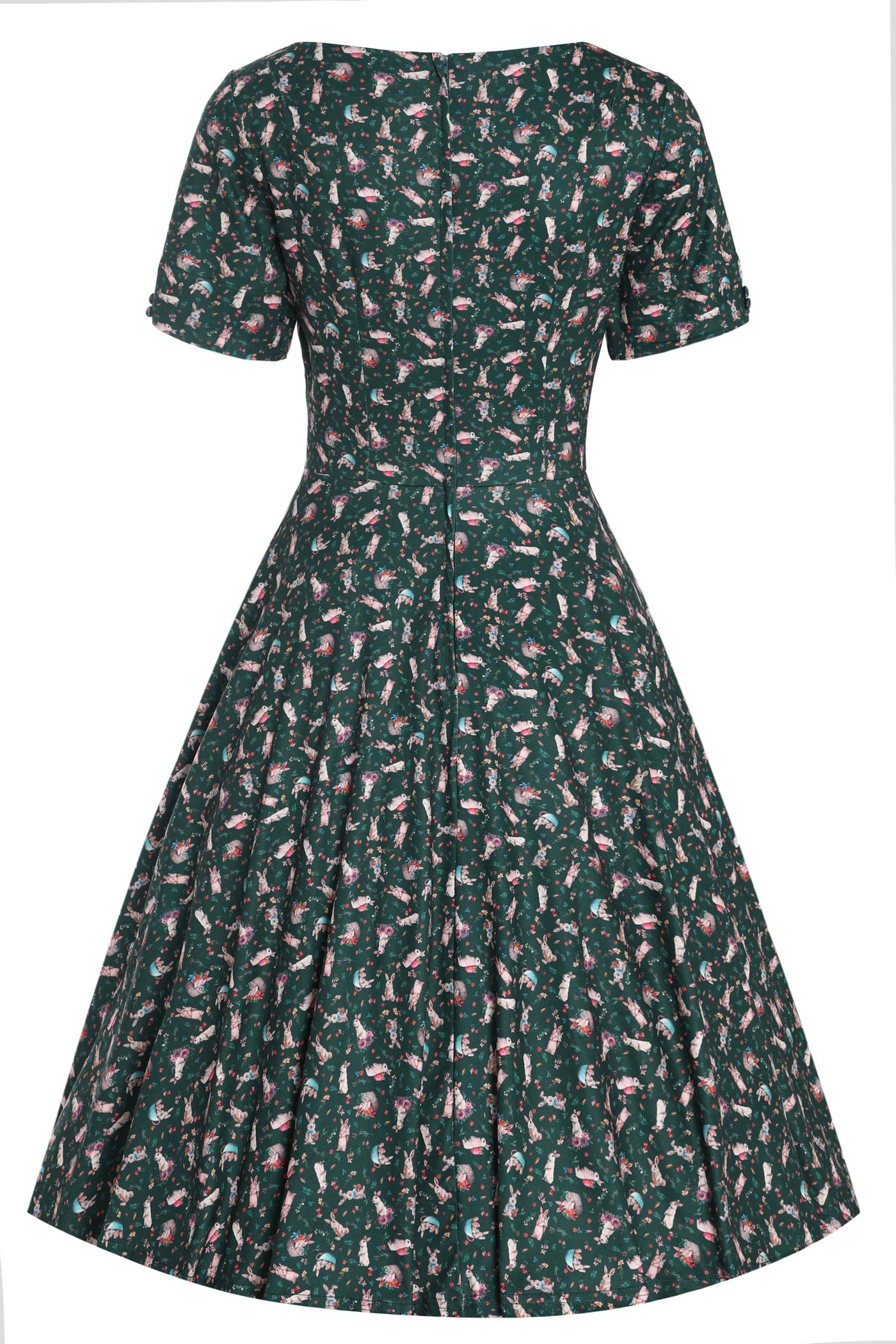 Back View of Bunny Print Flared Dress in Green