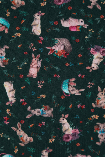 Close up View of Bunny Print Flared Dress in Green