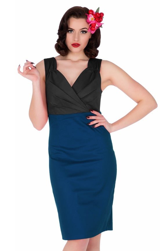 slim fit dress slacks Cheryl Fitted Plain Vintage Dress in Black/Blue