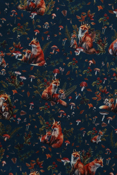 Close up View of Classic Fox Den Print Flared Dress