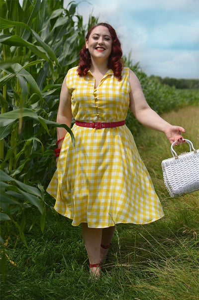 Woman wears our sleeveless button-top swing dress, in yellow/white gingham check print, in nature