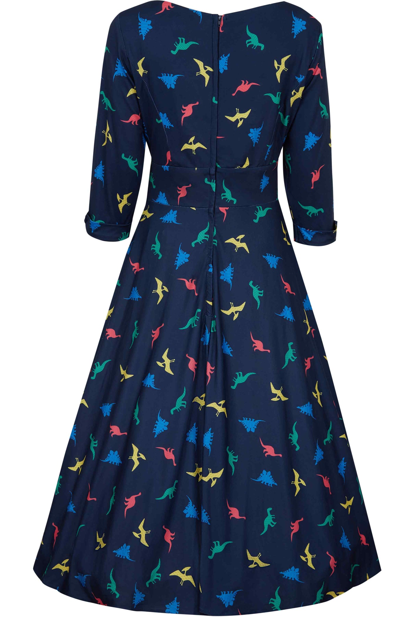 Back View of Colourful Dinosaur Print Midi Dress in Navy Blue