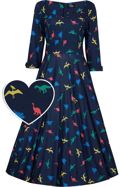 Front View of Colourful Dinosaur Print Midi Dress in Navy Blue