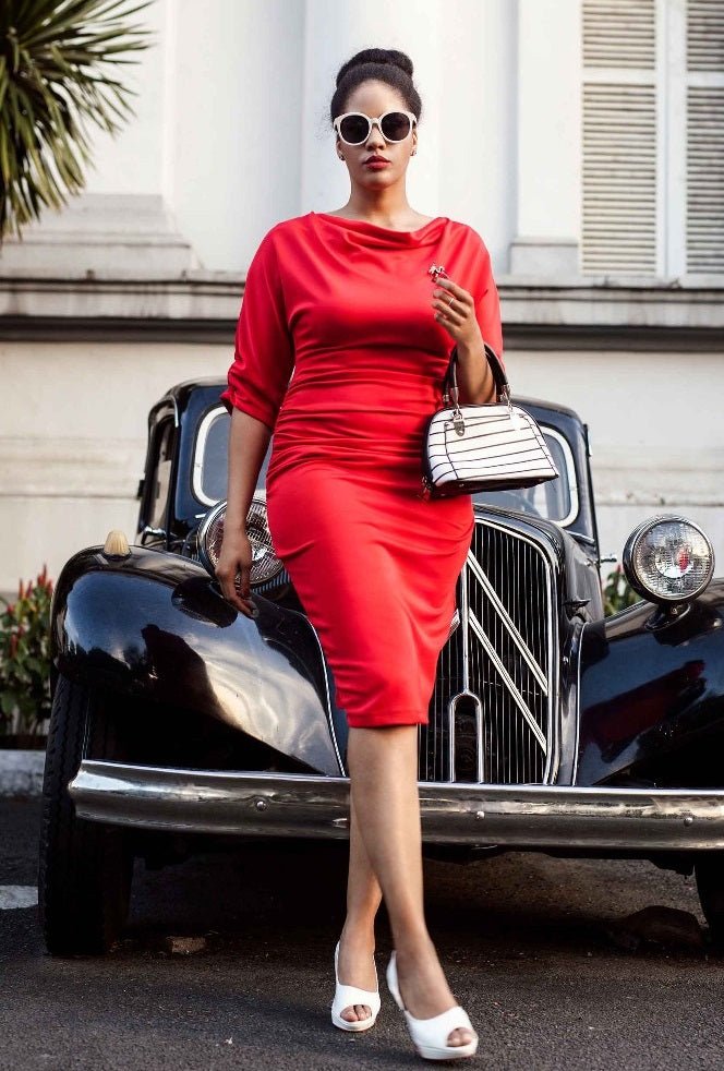 Formal Ruffled Waist Wiggle Dress in Red