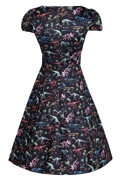 Back View of Dinosaur Fossil Print Dress in Black