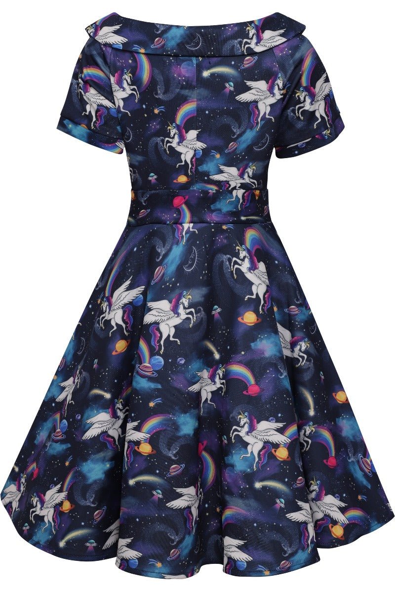 Short sleeved swing dress, in navy blue unicorn, space rainbow print, back view