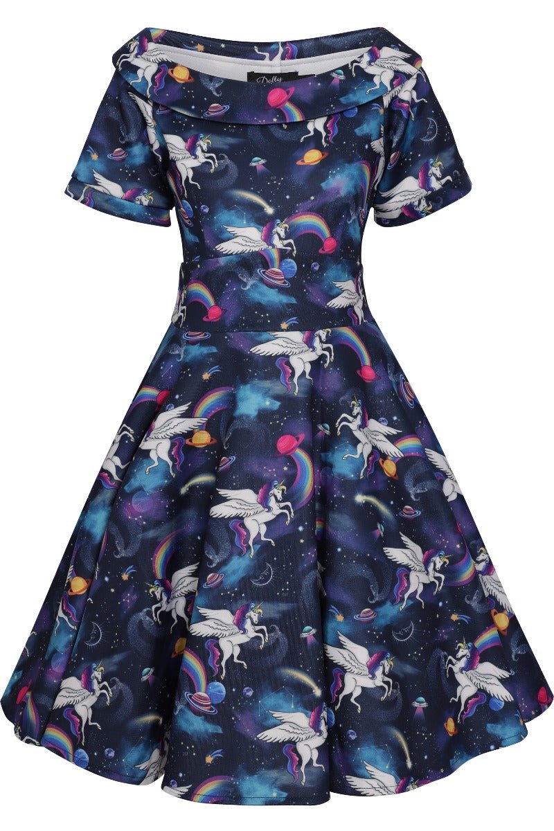 Short sleeved swing dress, in navy blue unicorn, space rainbow print, front view