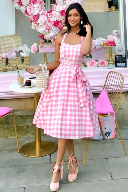 Sophia Rockabilly Halterneck Pink Gingham Swing Dress